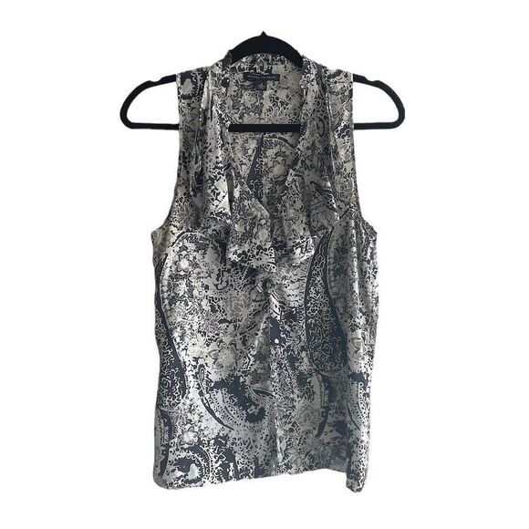 𝅺BANANA REPUBLIC Silk Printed Sleeveless V-Neck Blouse Tank Top Ruffle Belt S - Picture 3 of 7